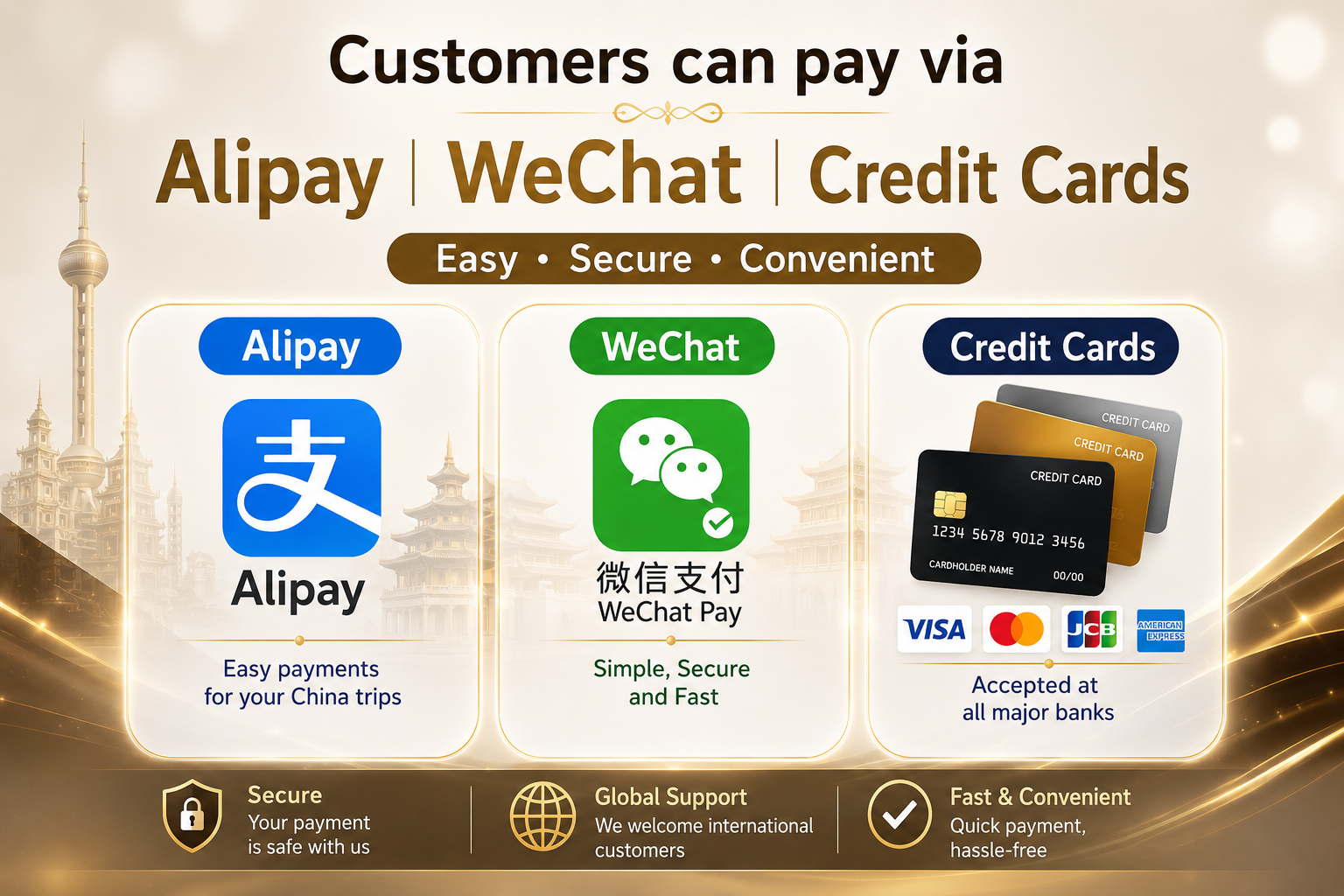 Payment methods: Alipay, WeChat Pay and credit cards